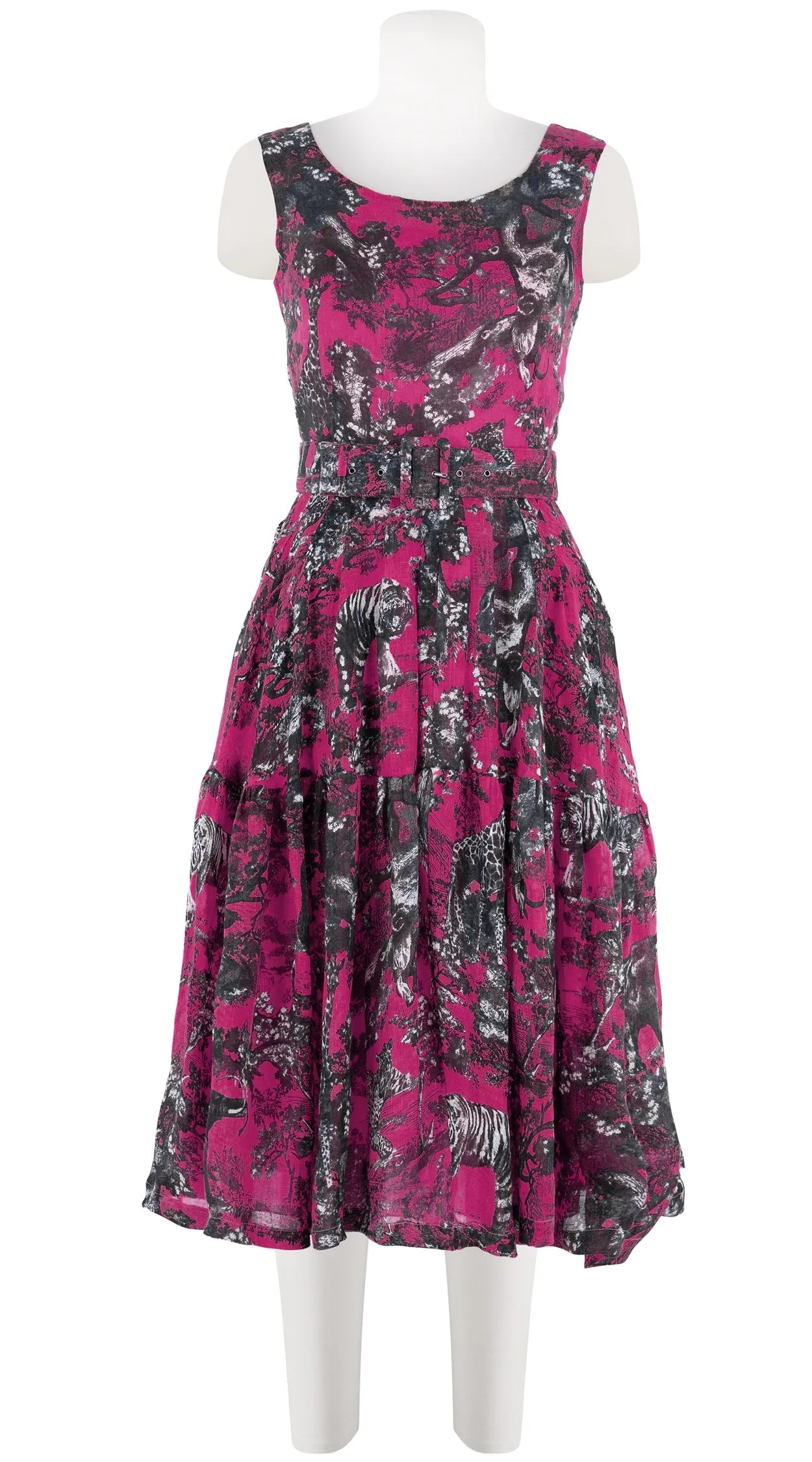 Rose Dress Boat Neck Sleeveless Long Length Linen (Safari Toile Bright)