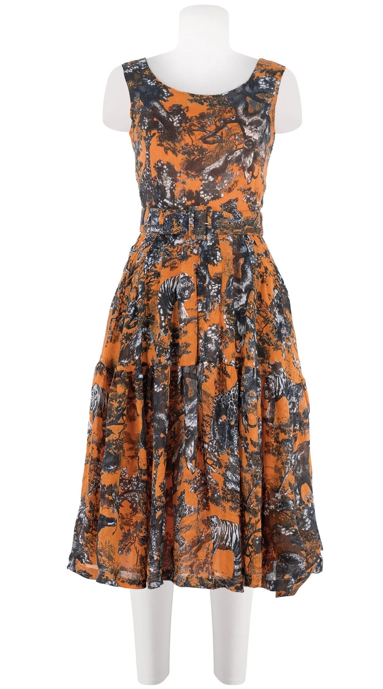 Rose Dress Boat Neck Sleeveless Long Length Linen (Safari Toile Bright)