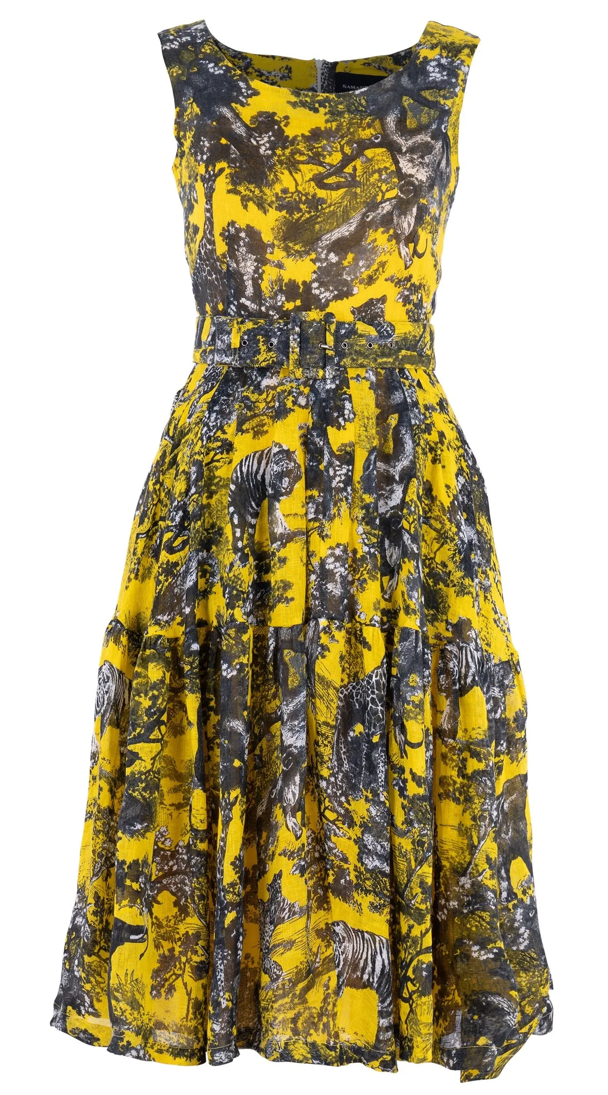 Rose Dress Boat Neck Sleeveless Long Length Linen (Safari Toile Bright)