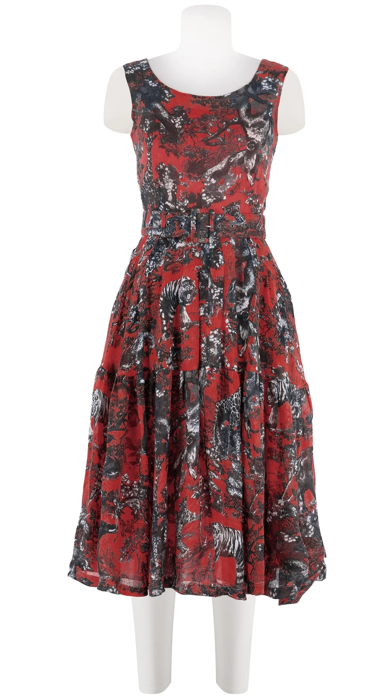 Rose Dress Boat Neck Sleeveless Long Length Linen (Safari Toile Bright)