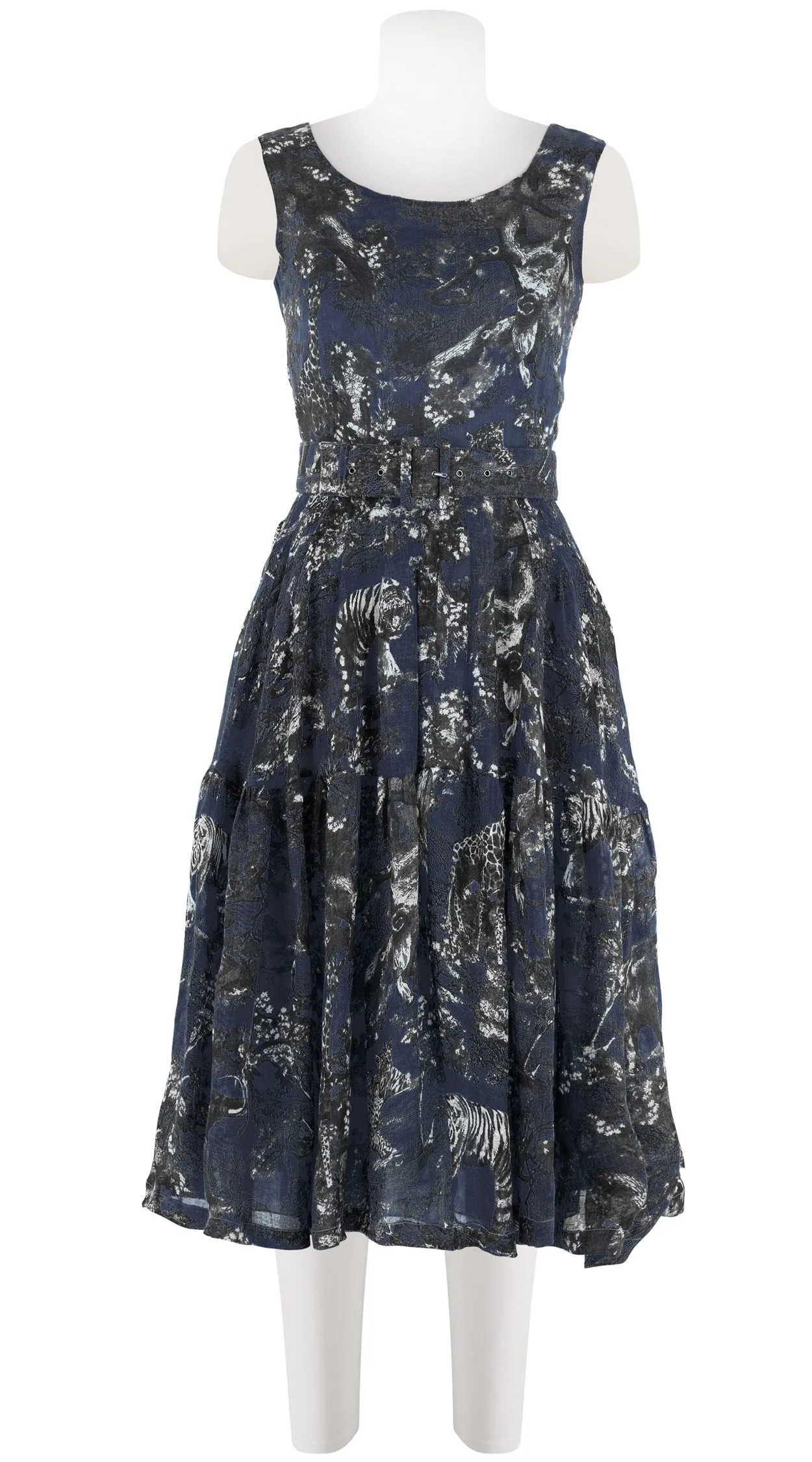 Rose Dress Boat Neck Sleeveless Long Length Linen (Safari Toile Bright)
