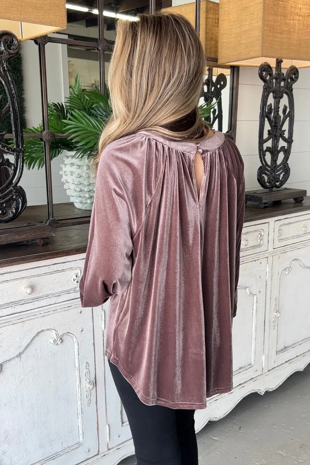 Rose Tan Velvet Pleated Crewneck Back Keyhole Blouse