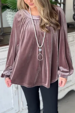 Rose Tan Velvet Pleated Crewneck Back Keyhole Blouse