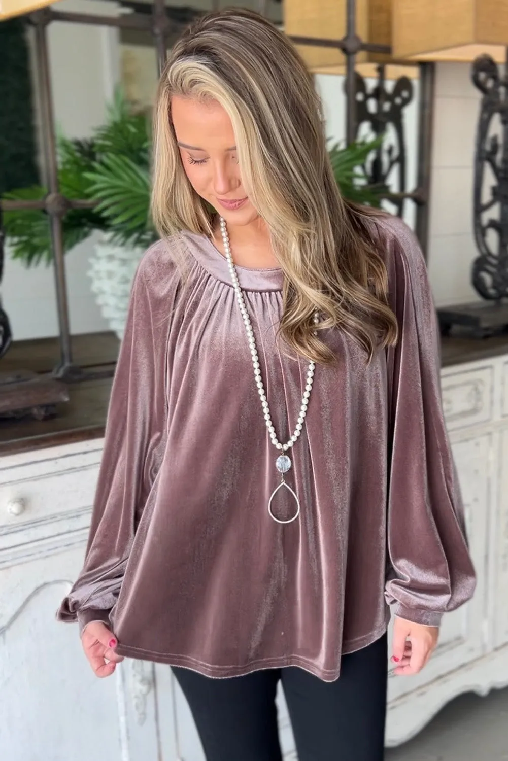 Rose Tan Velvet Pleated Crewneck Back Keyhole Blouse
