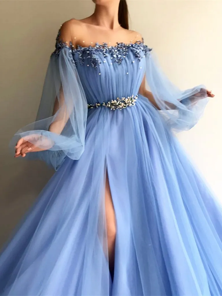 Round Neck Blue Tulle Long Sleeves Prom Dresses, Blue Tulle Long Sleeves Formal Evening Dresses