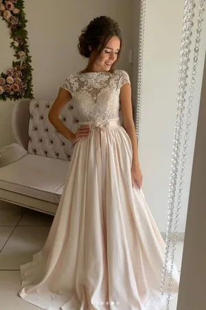 Round Neck Cap Sleeves Light Champagne Lace Long Prom Dress, Champagne Lace Long Formal Evening Dress