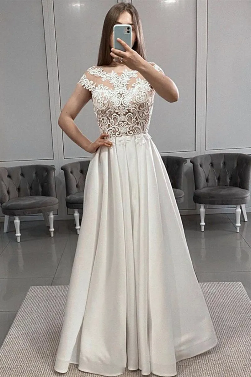 Round Neck Cap Sleeves White Lace Long Prom Dress with Slit, White Lace Formal Dress, White Evening Dress