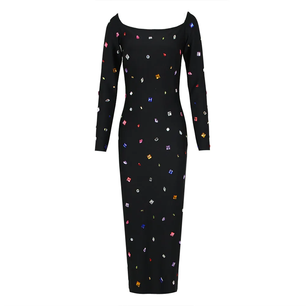 Round Neck Color Diamond Midi Bandage Dress HL9538