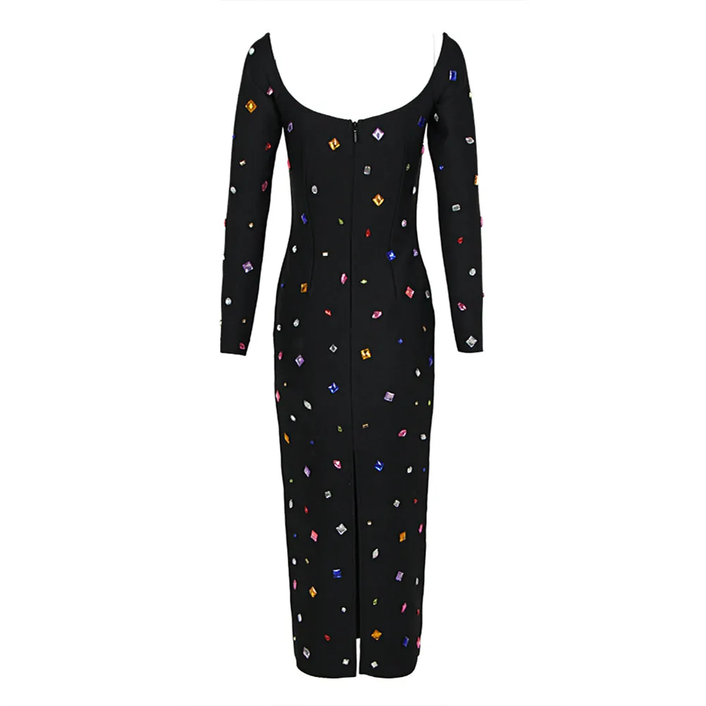 Round Neck Color Diamond Midi Bandage Dress HL9538