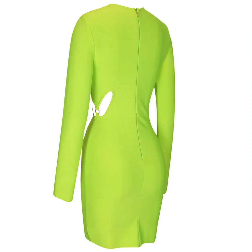 Round Neck Long Sleeve Hollow out Mini Bandage Dress PP092005