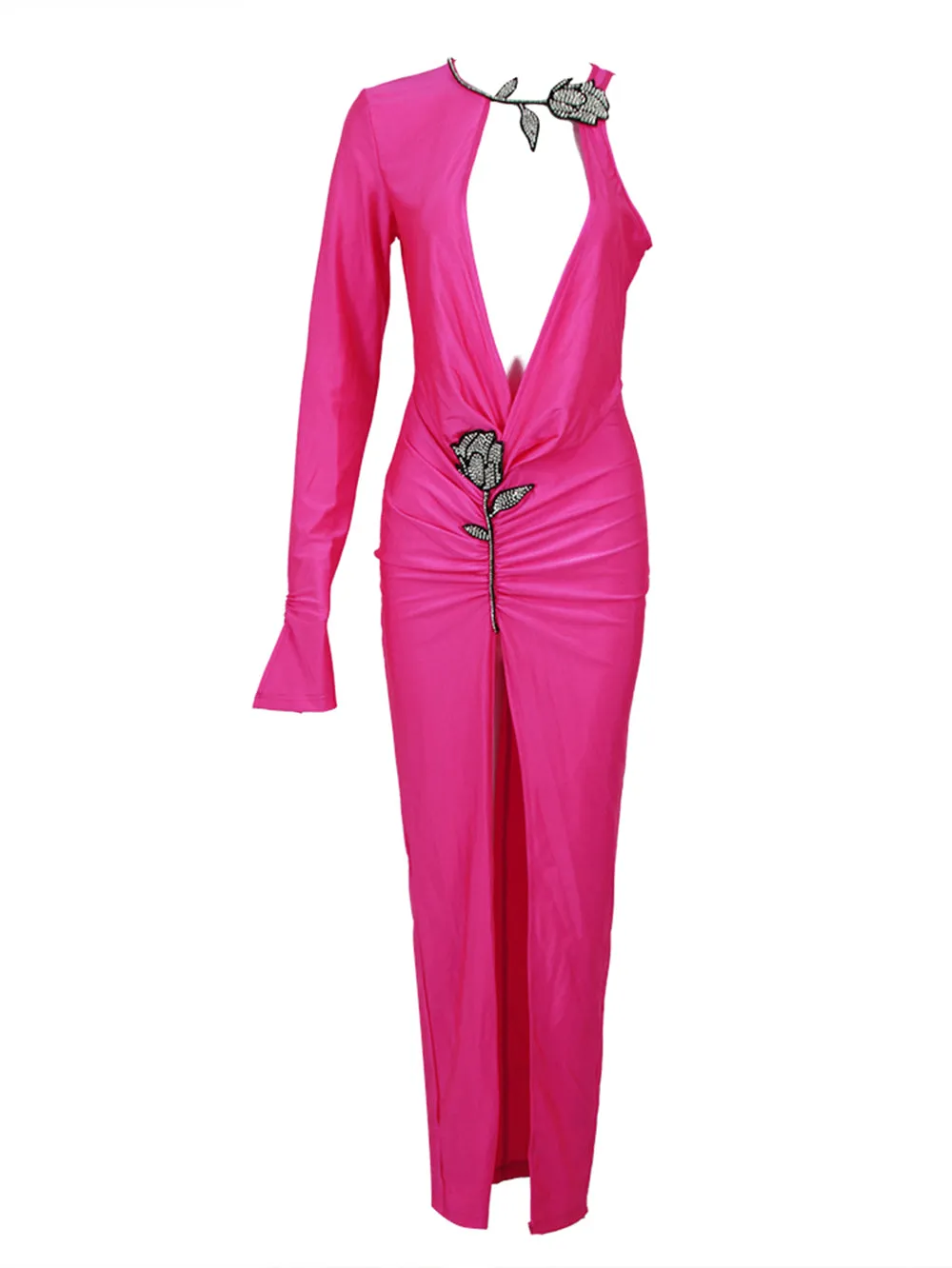 Round Neck Long Sleeve Rhinestone Maxi Bodycon Dress HL9432