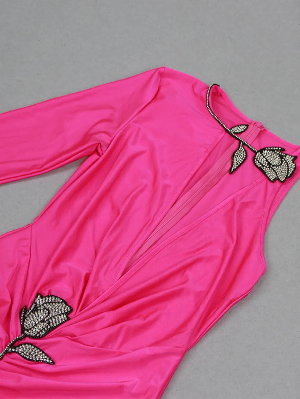 Round Neck Long Sleeve Rhinestone Maxi Bodycon Dress HL9432