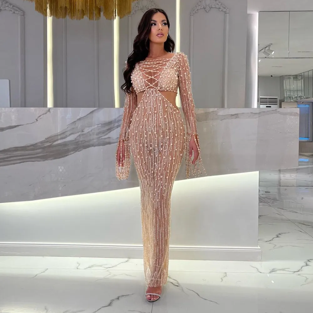 Round Neck Long Sleeve Sequins Maxi Bodycon Dress HT903