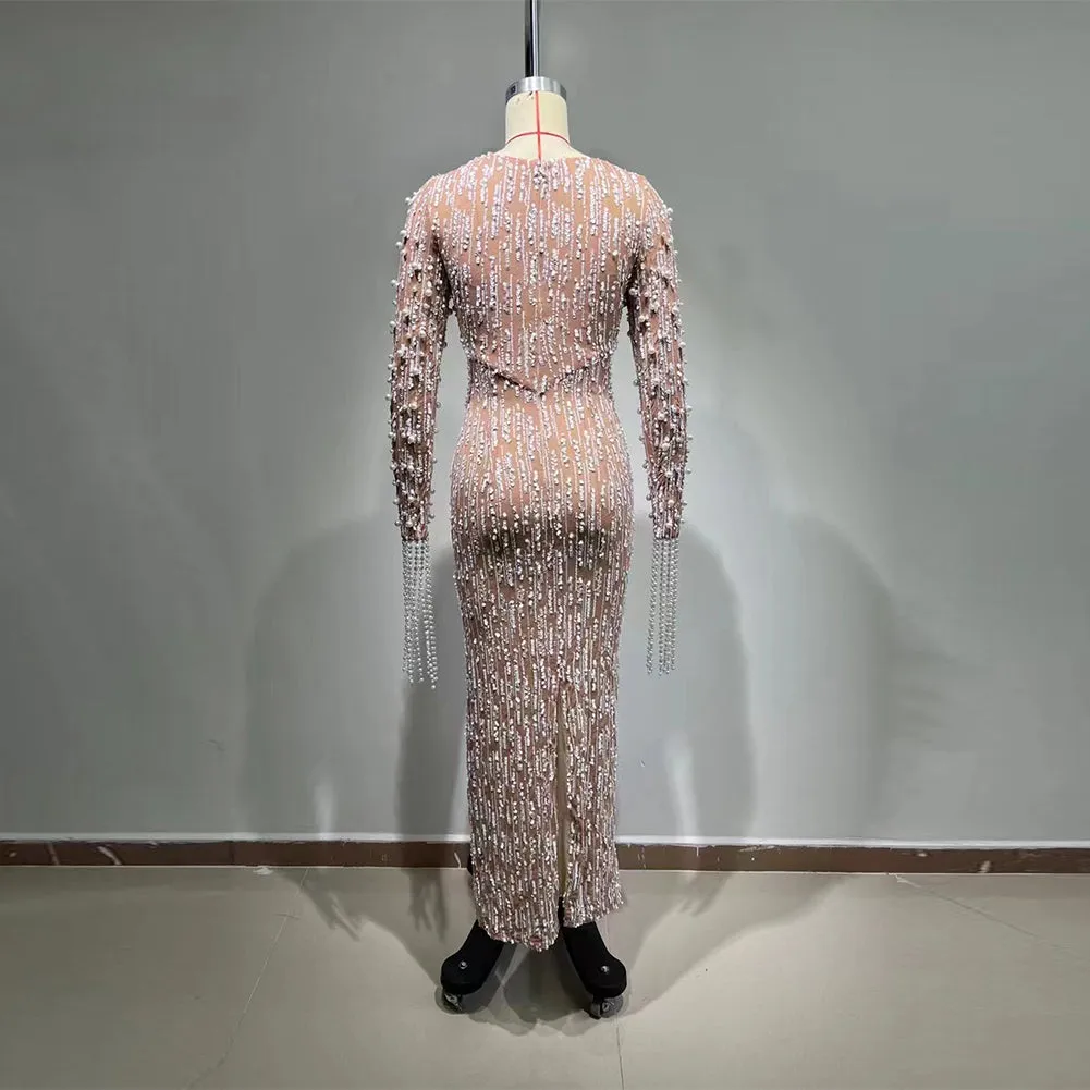 Round Neck Long Sleeve Sequins Maxi Bodycon Dress HT903