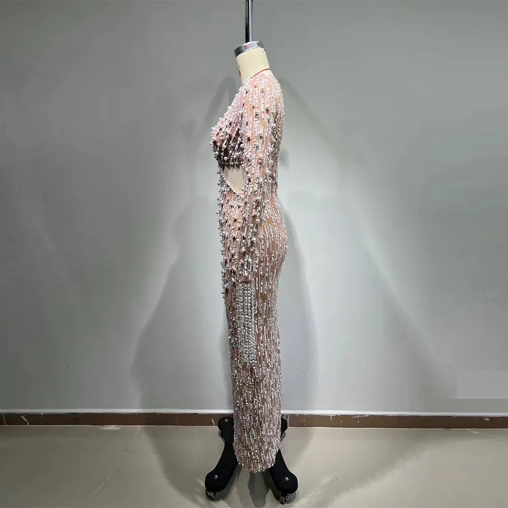 Round Neck Long Sleeve Sequins Maxi Bodycon Dress HT903