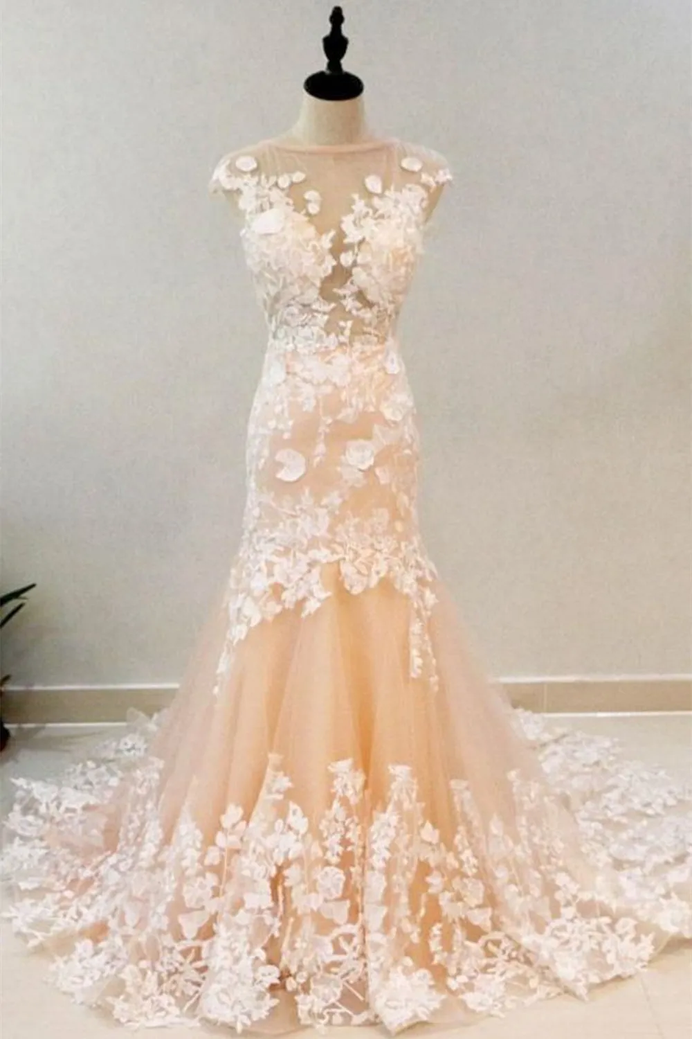 Round Neck Mermaid Champagne Lace Long Prom Dress, Mermaid Champagne Formal Dress, Champagne Lace Evening Dress A1350