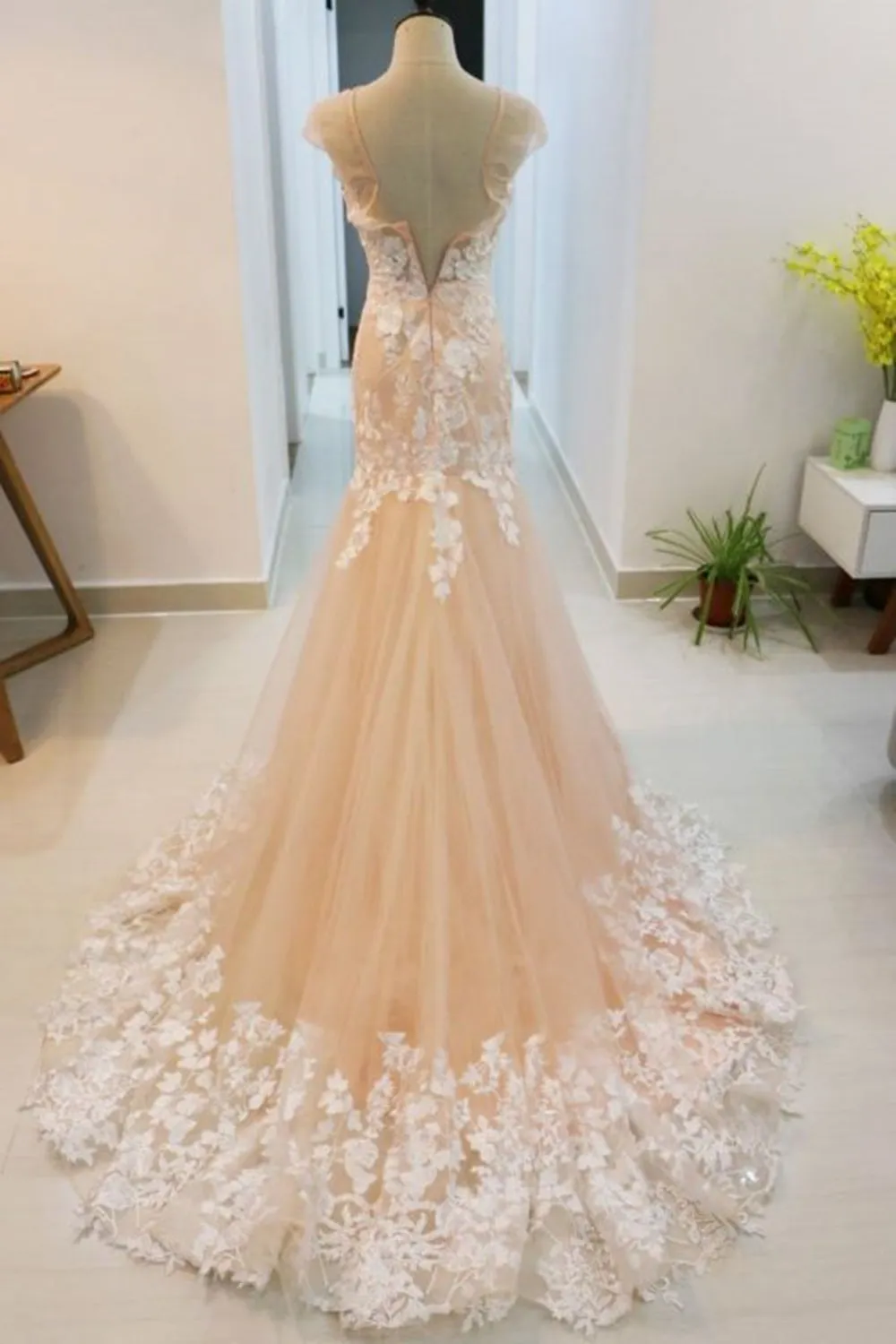 Round Neck Mermaid Champagne Lace Long Prom Dress, Mermaid Champagne Formal Dress, Champagne Lace Evening Dress A1350