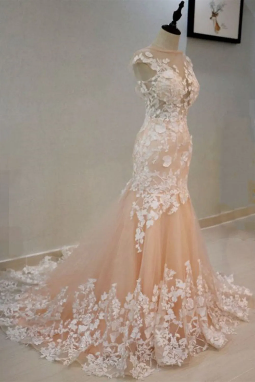 Round Neck Mermaid Champagne Lace Long Prom Dress, Mermaid Champagne Formal Dress, Champagne Lace Evening Dress A1350