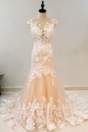 Round Neck Mermaid Champagne Lace Long Prom Dress, Mermaid Champagne Formal Dress, Champagne Lace Evening Dress A1350