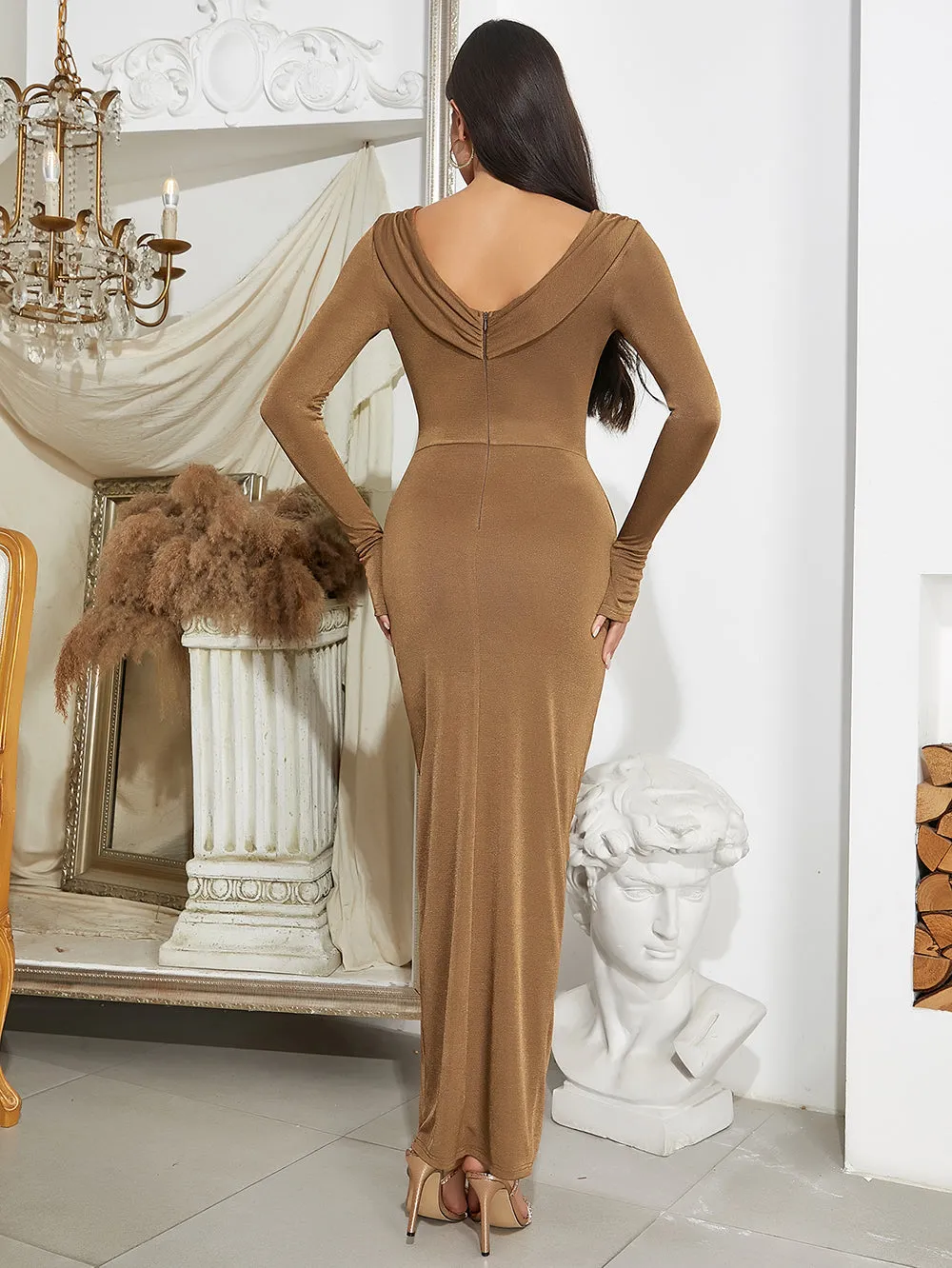 Round Neck Pure Color Maxi Bodycon Dress HB10025