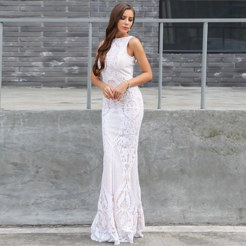 Round Neck Sleeveless Sequins Maxi Bodycon Dress HT11210