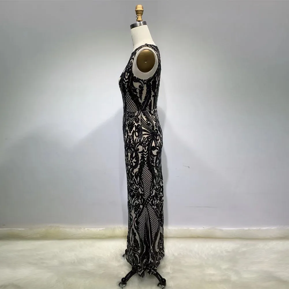 Round Neck Sleeveless Sequins Maxi Bodycon Dress HT11210