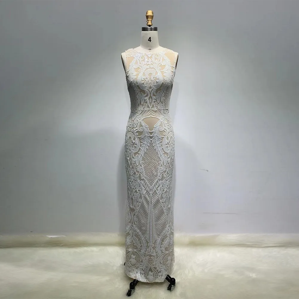 Round Neck Sleeveless Sequins Maxi Bodycon Dress HT11210