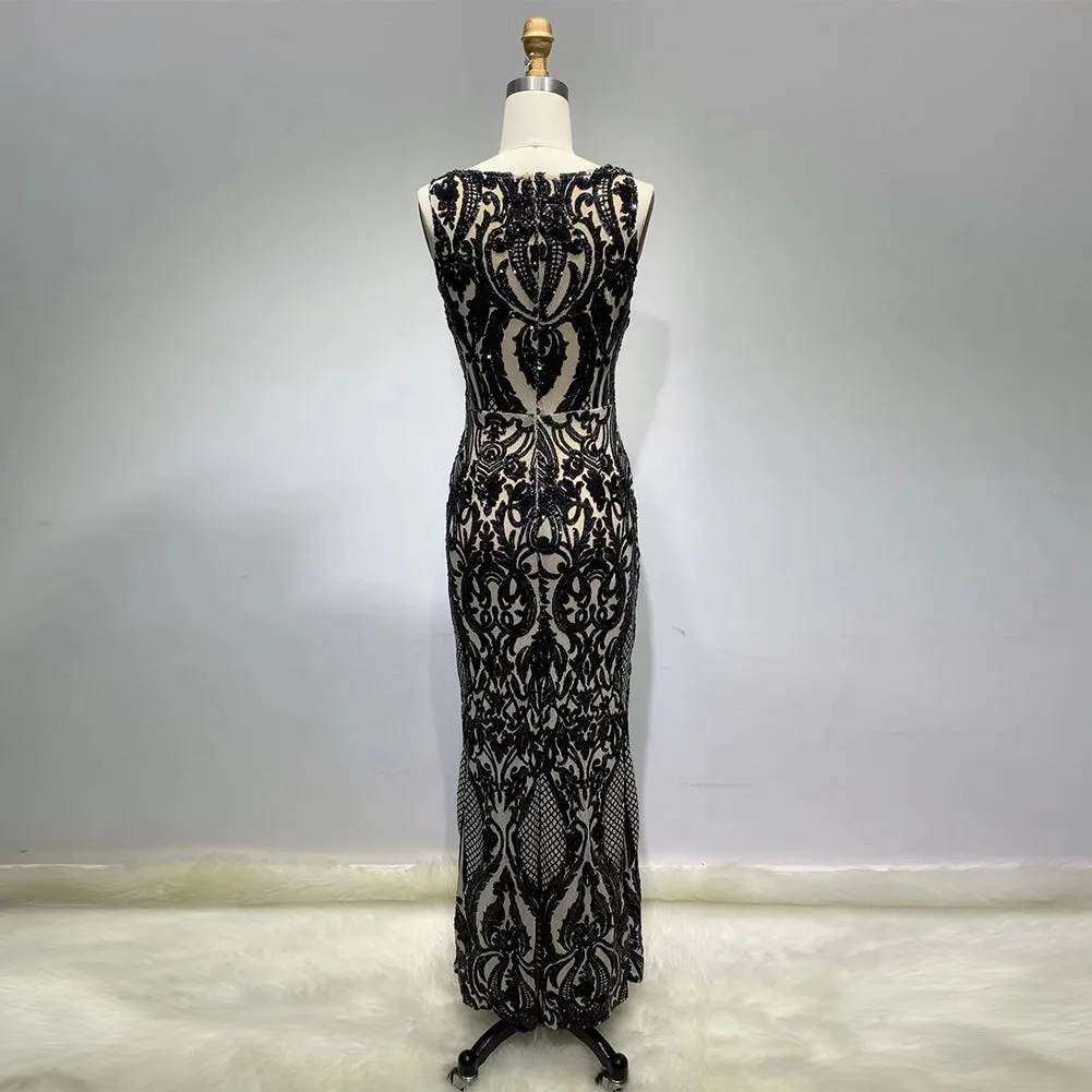 Round Neck Sleeveless Sequins Maxi Bodycon Dress HT11210