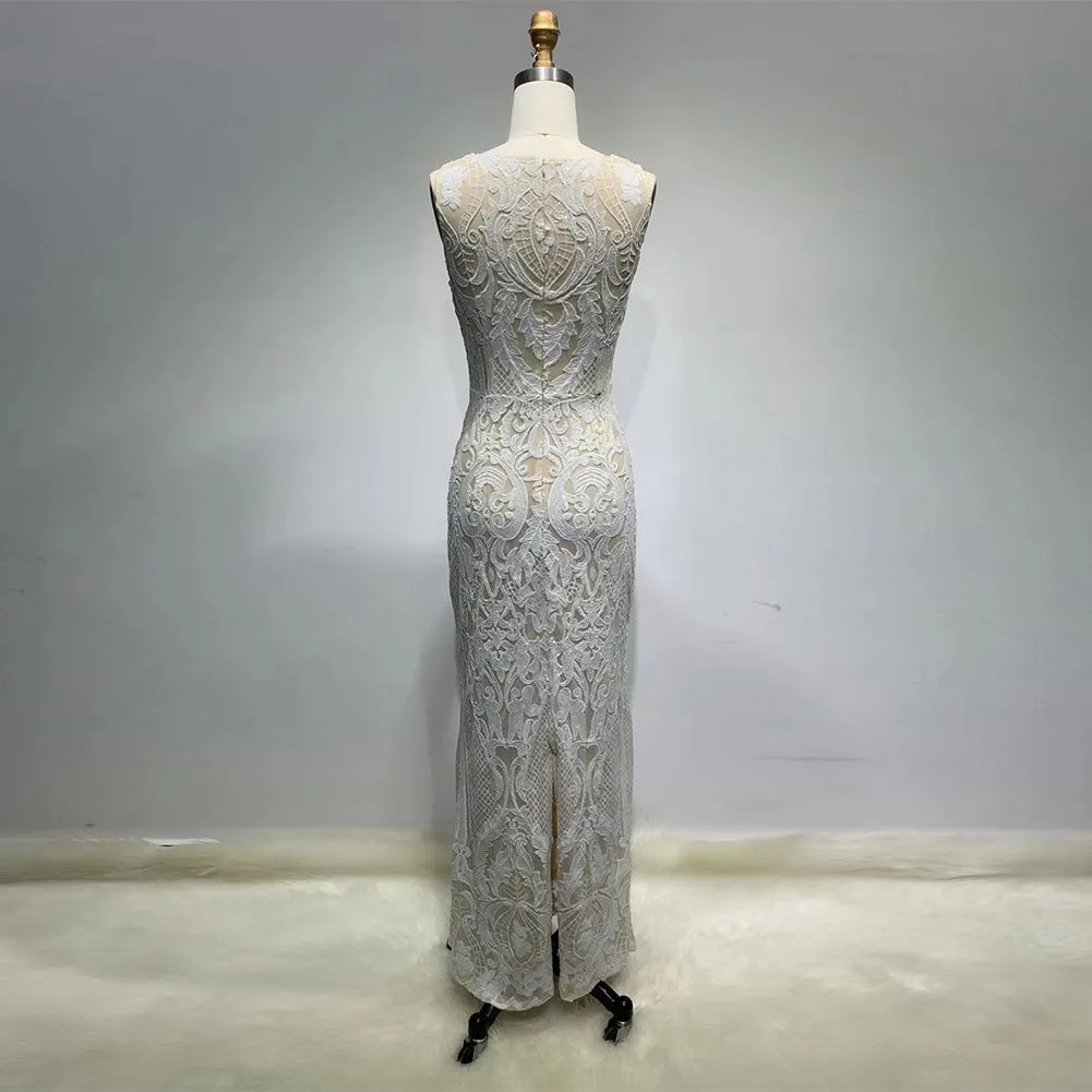 Round Neck Sleeveless Sequins Maxi Bodycon Dress HT11210