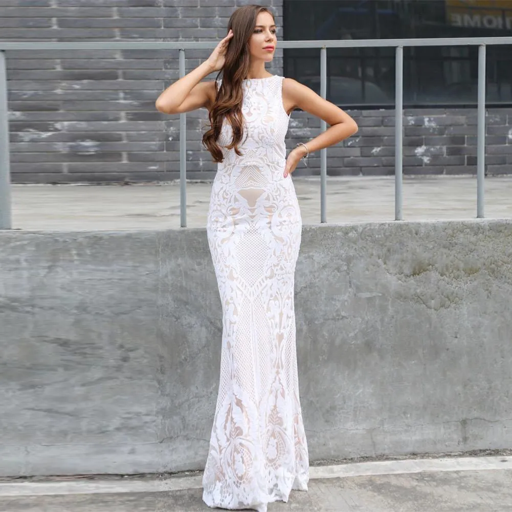Round Neck Sleeveless Sequins Maxi Bodycon Dress HT11210