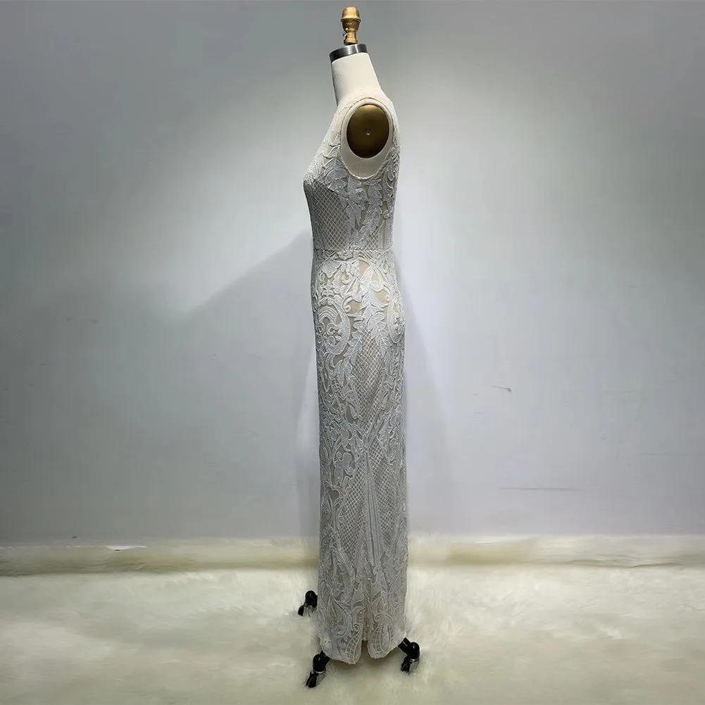 Round Neck Sleeveless Sequins Maxi Bodycon Dress HT11210