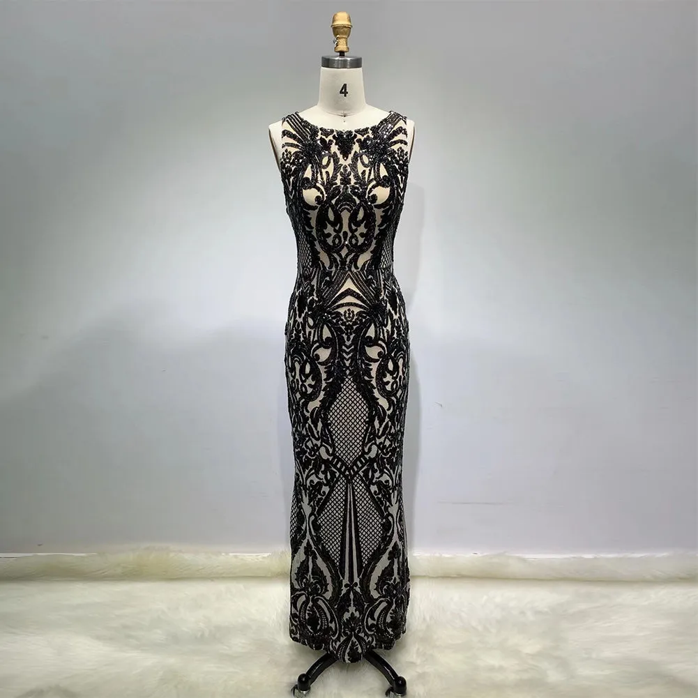 Round Neck Sleeveless Sequins Maxi Bodycon Dress HT11210