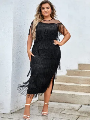 Round Neck Sleeveless Tassels Midi Bodycon Dress HB78070