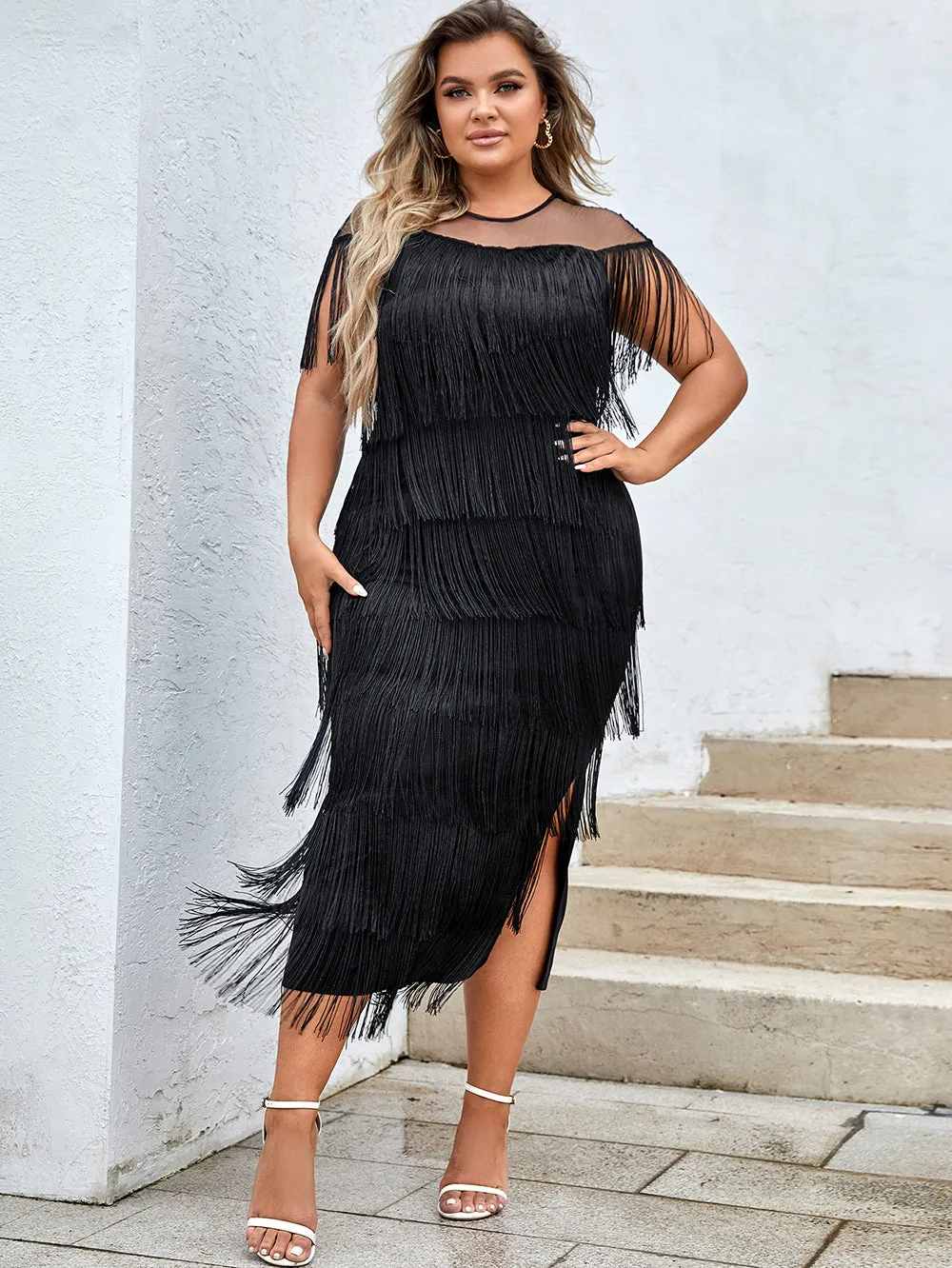 Round Neck Sleeveless Tassels Midi Bodycon Dress HB78070
