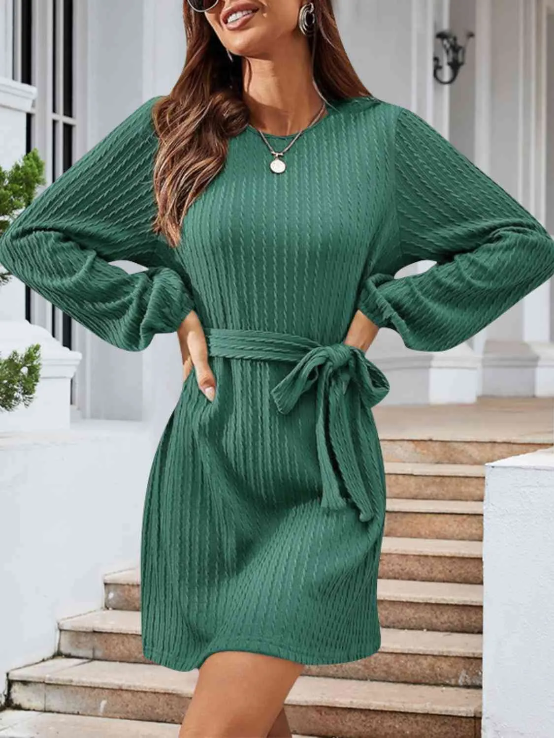 Round Neck Tie Front Long Sleeve Dress (4 Colors)