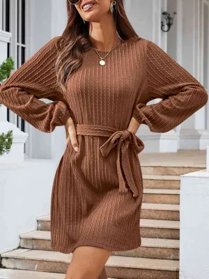 Round Neck Tie Front Long Sleeve Dress (4 Colors)