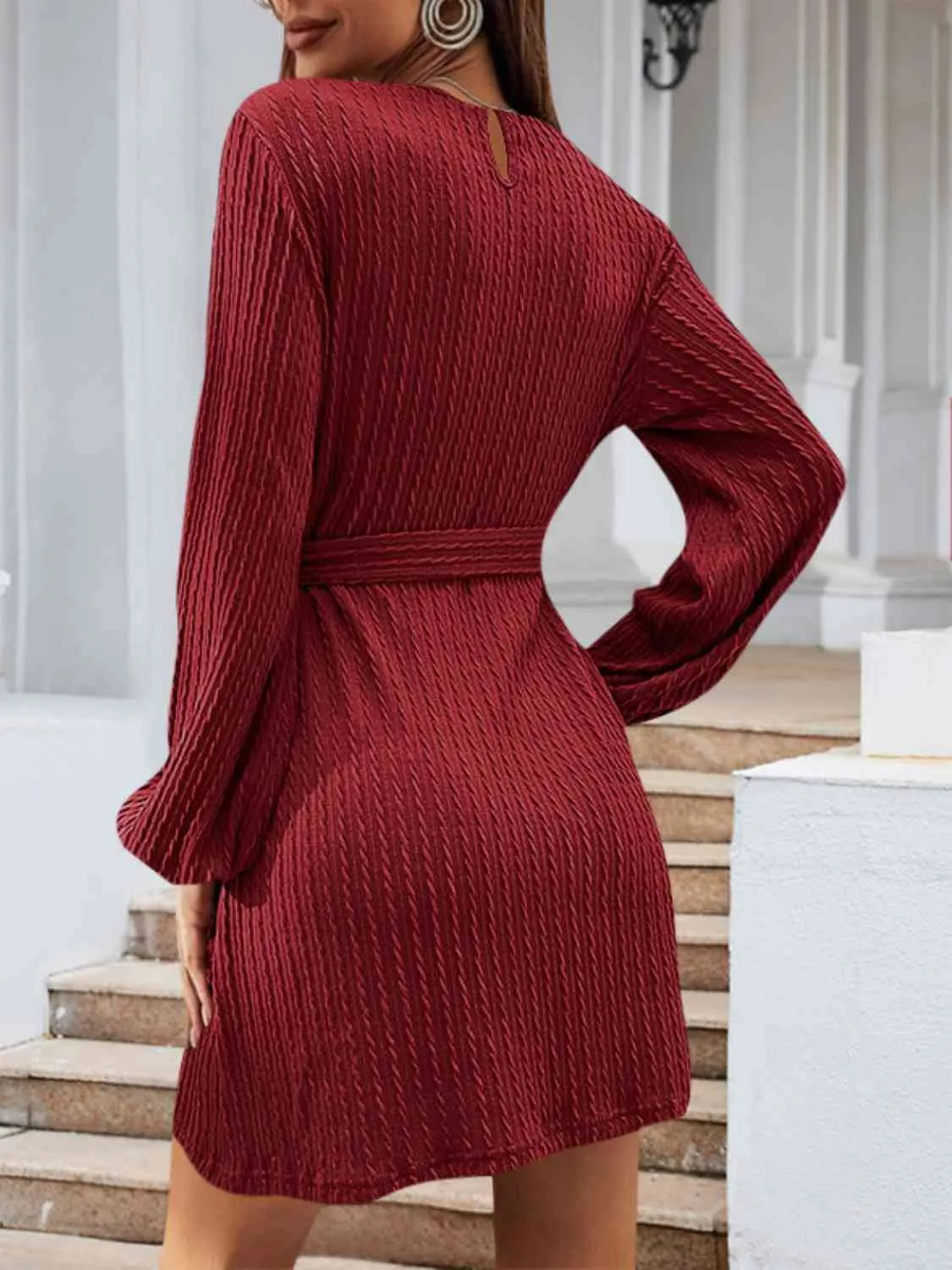 Round Neck Tie Front Long Sleeve Dress (4 Colors)