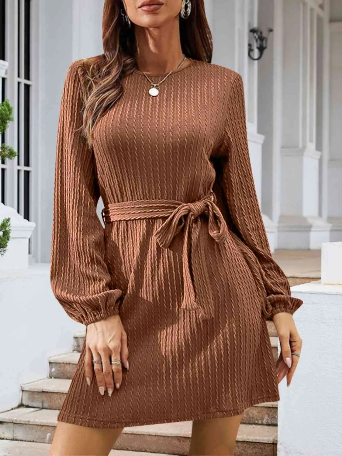Round Neck Tie Front Long Sleeve Dress (4 Colors)