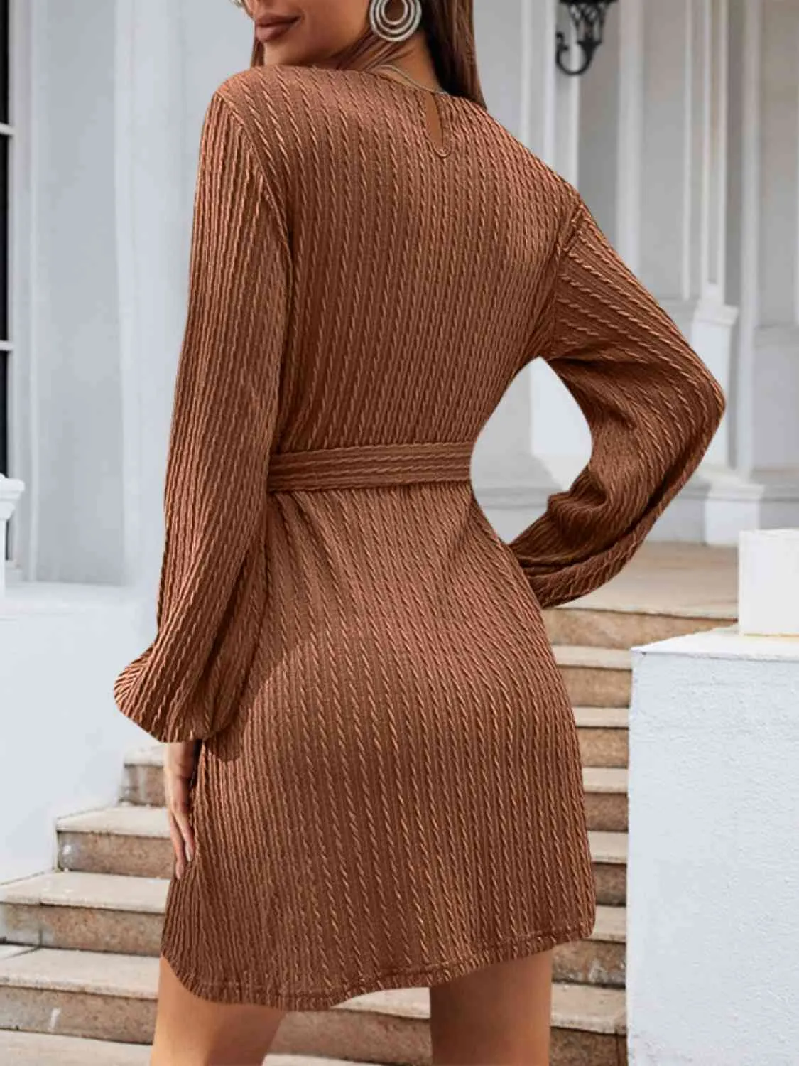 Round Neck Tie Front Long Sleeve Dress (4 Colors)