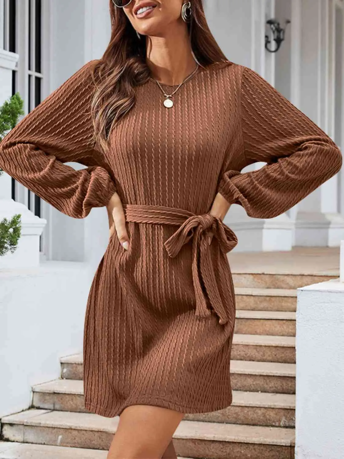Round Neck Tie Front Long Sleeve Dress (4 Colors)