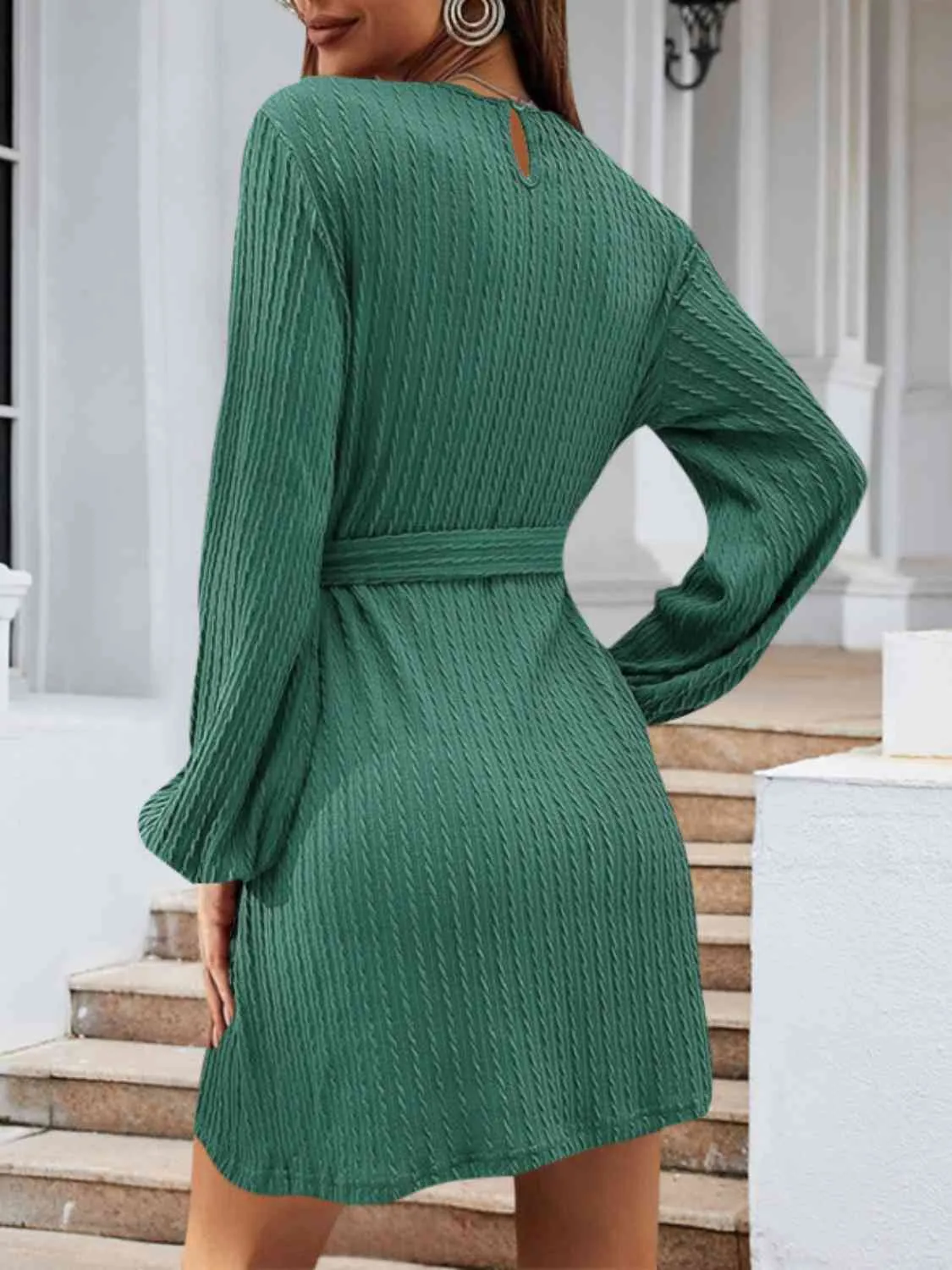 Round Neck Tie Front Long Sleeve Dress (4 Colors)