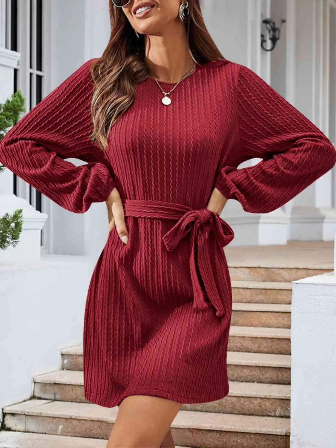 Round Neck Tie Front Long Sleeve Dress (4 Colors)