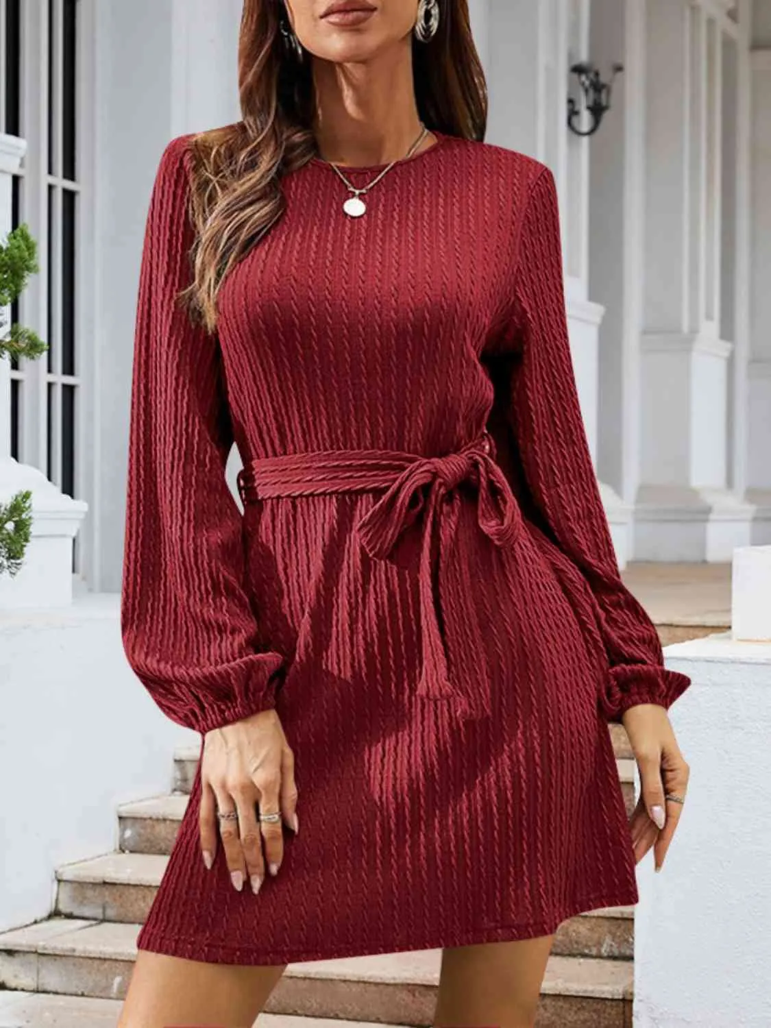 Round Neck Tie Front Long Sleeve Dress (4 Colors)
