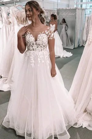 Roycebridal V-neck Ball Gown Wedding Dress with Short Sleeves Backless Appliqued Bridal Gown,MW464