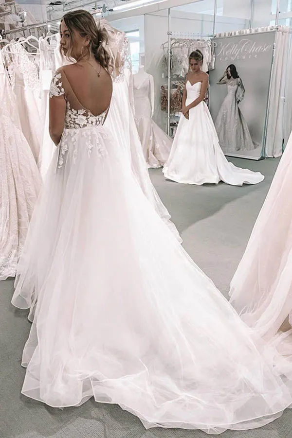 Roycebridal V-neck Ball Gown Wedding Dress with Short Sleeves Backless Appliqued Bridal Gown,MW464