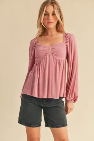 Ruched Sweetheart Neck Balloon Sleeve Blouse
