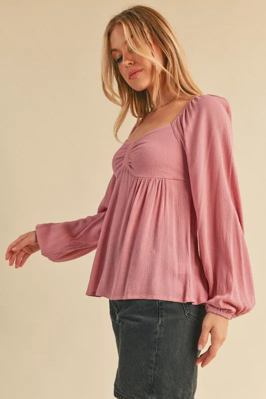 Ruched Sweetheart Neck Balloon Sleeve Blouse