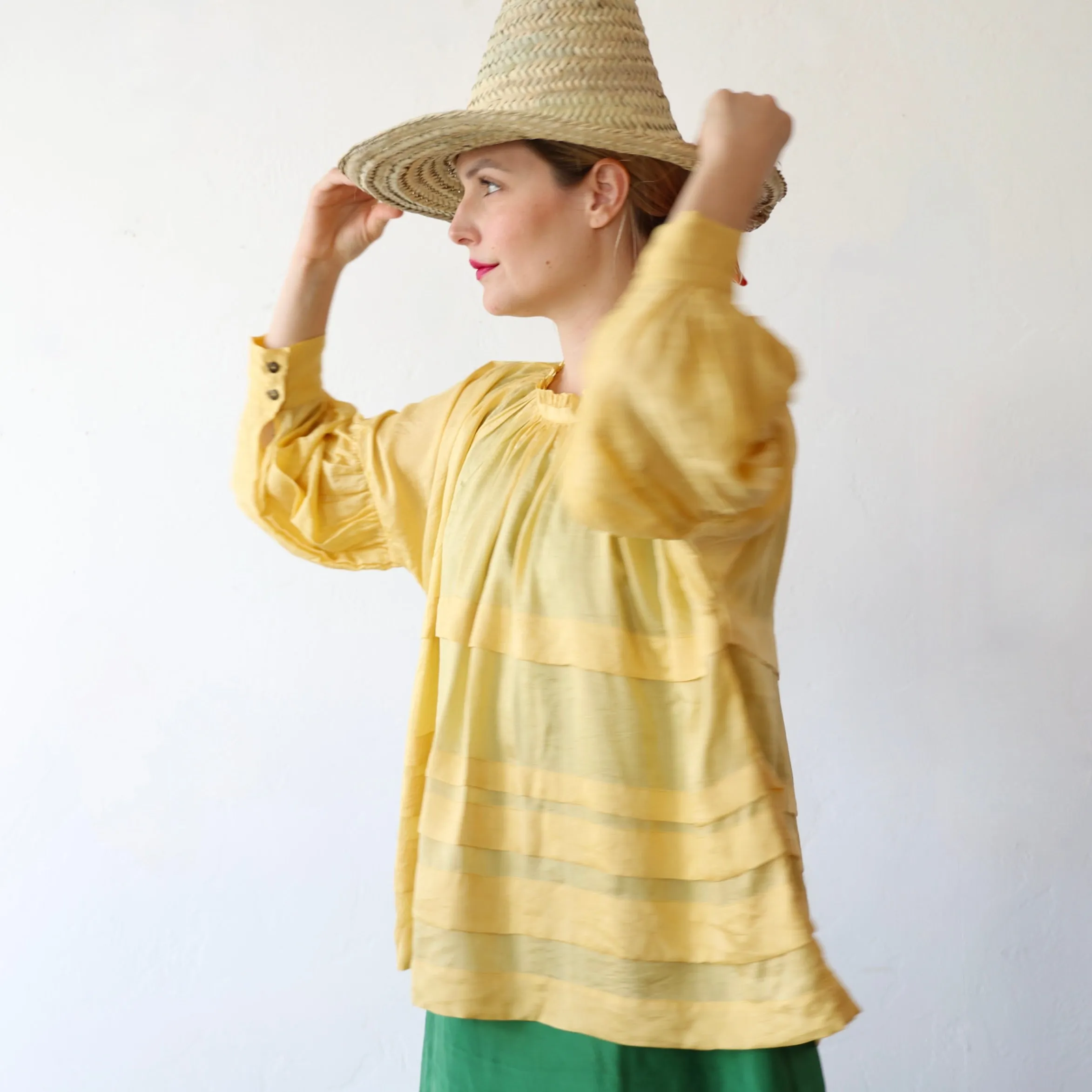 Runaway Bicycle Pleated Silk Blouse - Yellow