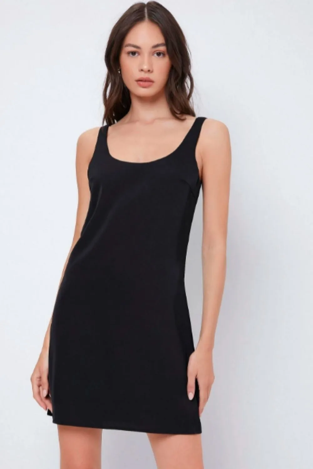 Scoop neck black satin dress