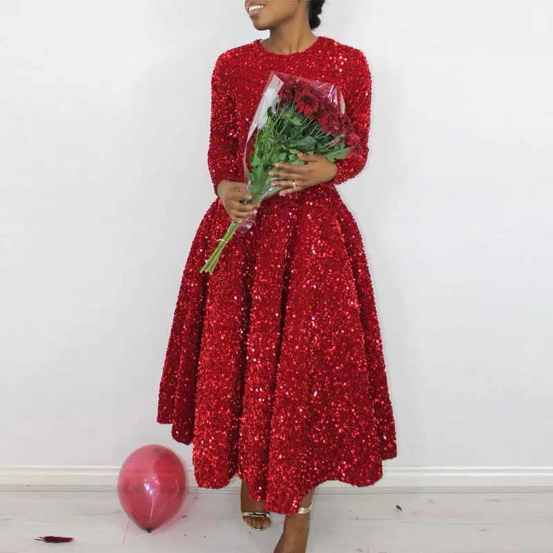 Sequin Round Neck Long Sleeve Midi Dress
